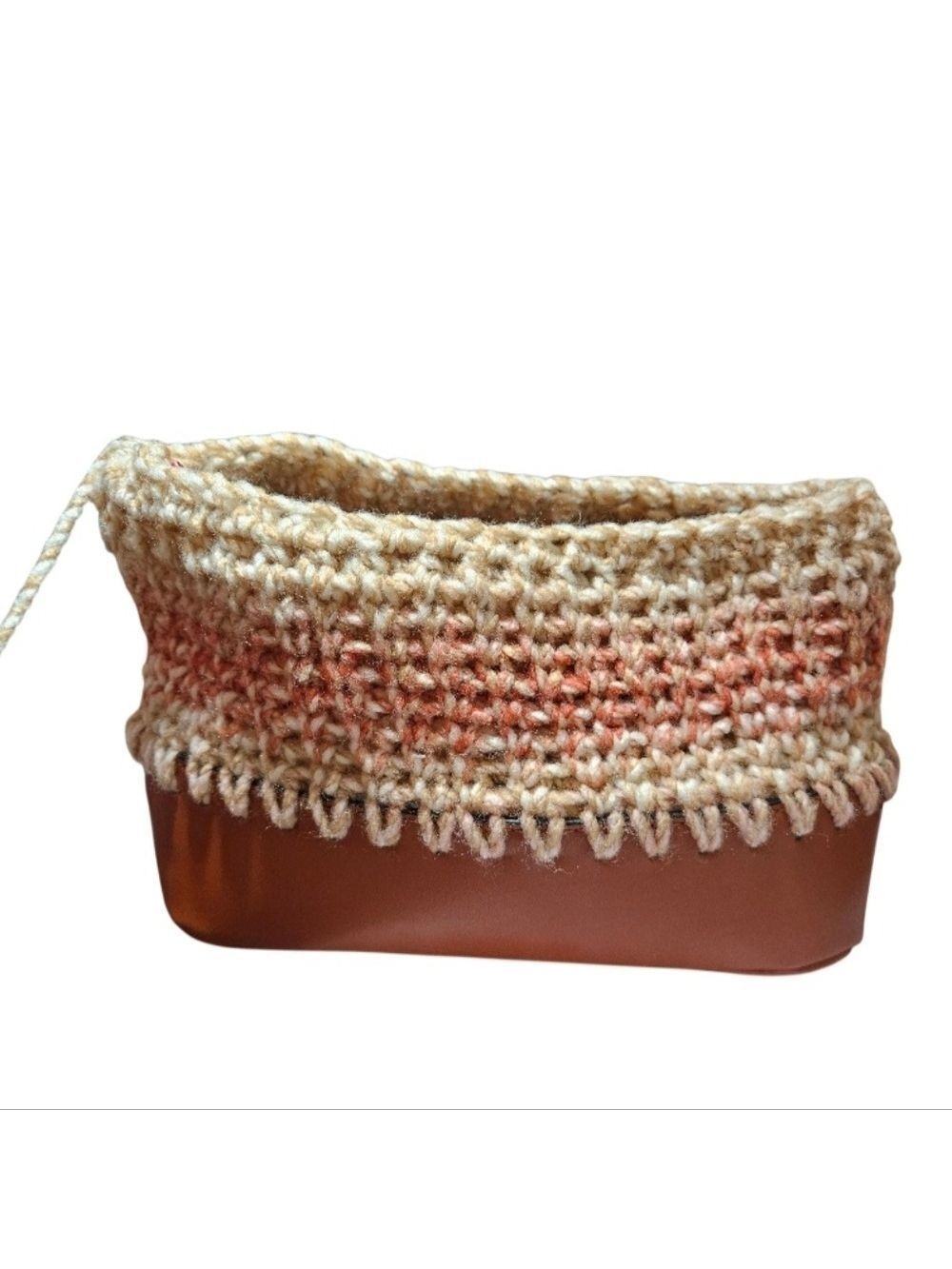 Upcycled Crochet Faux Leather Tote with Denim Pocket Fall Artisan Handbag Knit - Picture 16 of 17